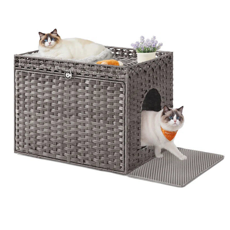 Handwoven Rattan Cat Litter Box Cabinet — Boho Woven Furniture with Washable Tray Gray