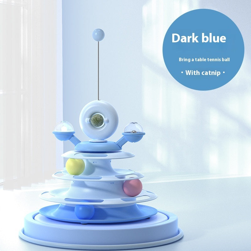 4 Levels Cat Toy Tower Turntable Roller Balls Toys Interactive Intelligence Pets Toys Training Track Puzzle Funny Games Accessories Pet Products Deep Sea Blue Table Tennis