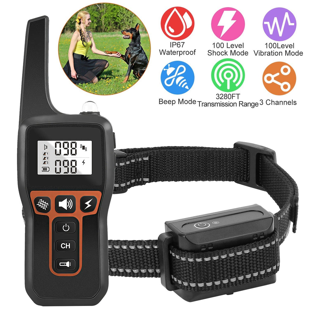 3280FT Dog Training Collar IP67 Waterproof Pet Beep Vibration Electric Shock Collar 3 Channels Rechargeable Transmitter Receiver Trainer with Flashlig