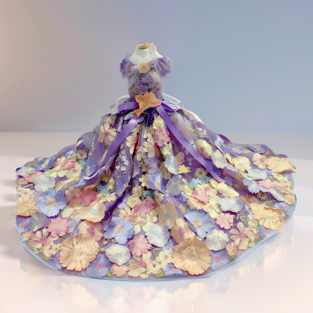 Luxury Lavender Floral Princess Dog Dress with Train – Light Purple Elegant Couture Pet Gown for Weddings & Photoshoots