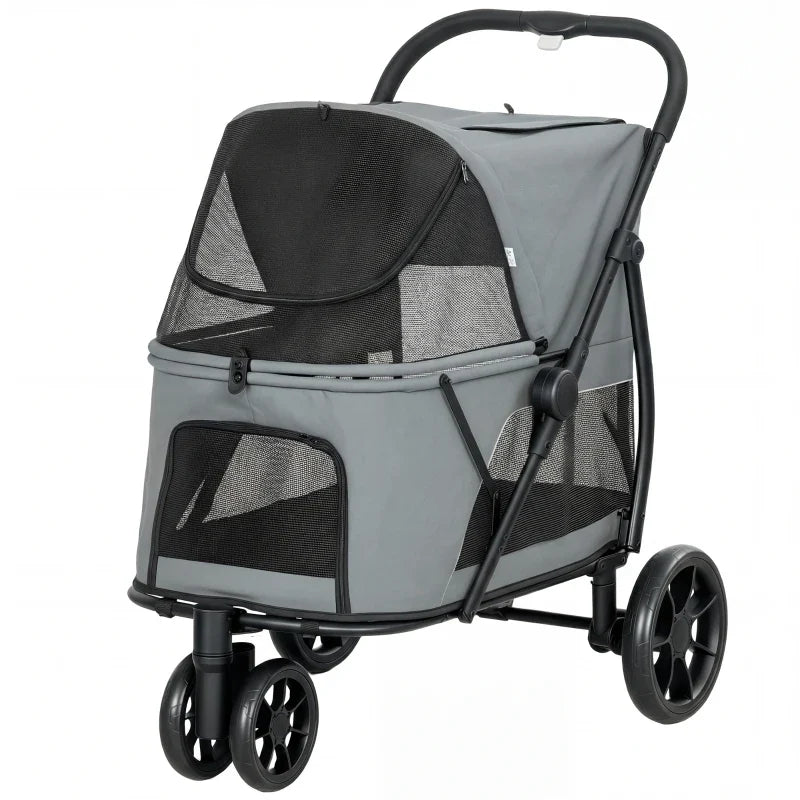 3 Wheel Pet Stroller with Easy One-Click Quick Fold, Mesh Window, Washable Cushion, for Medium Dogs Gray