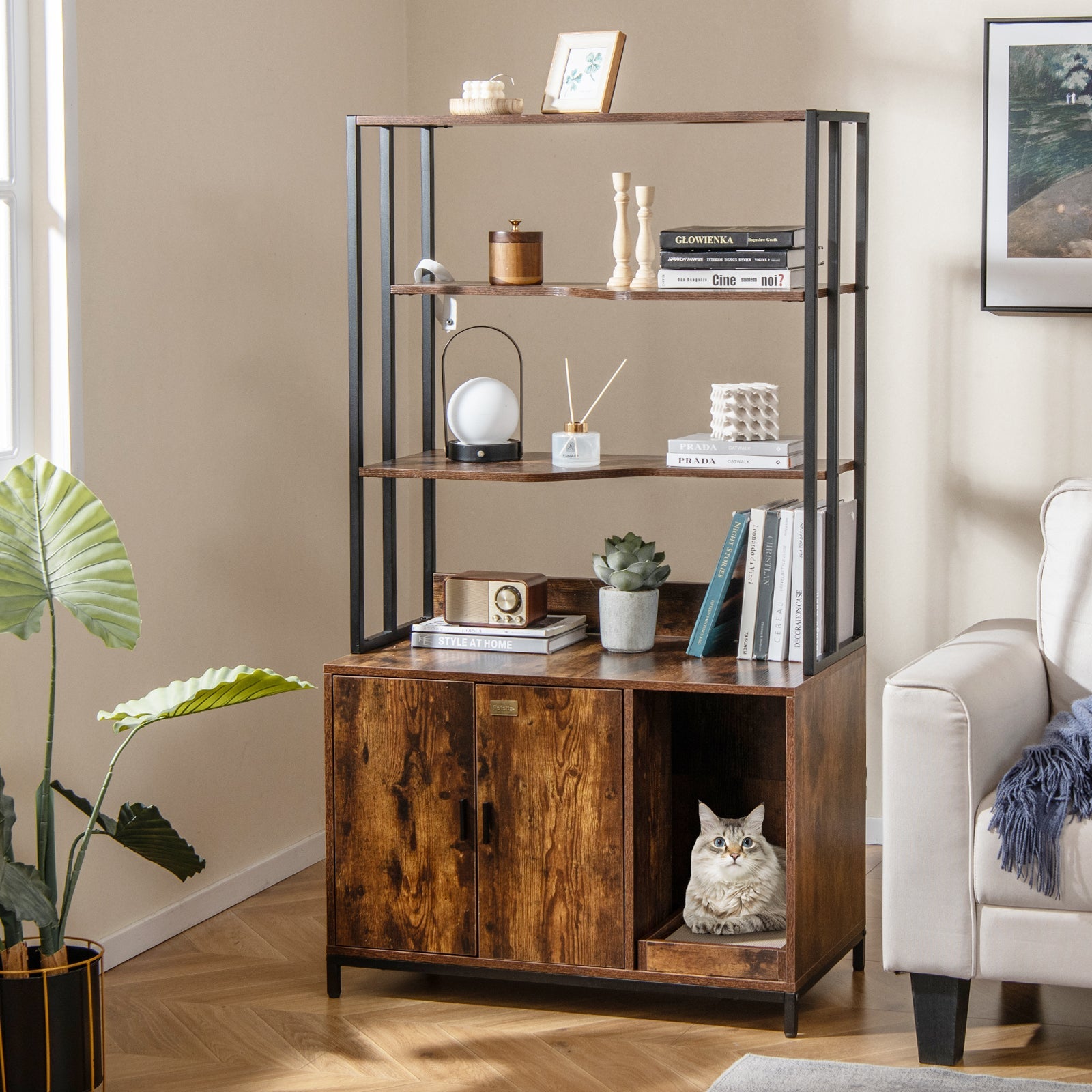 Cat Litter Box Enclosure with Storage and 3-tier Shelves-Rustic Brown