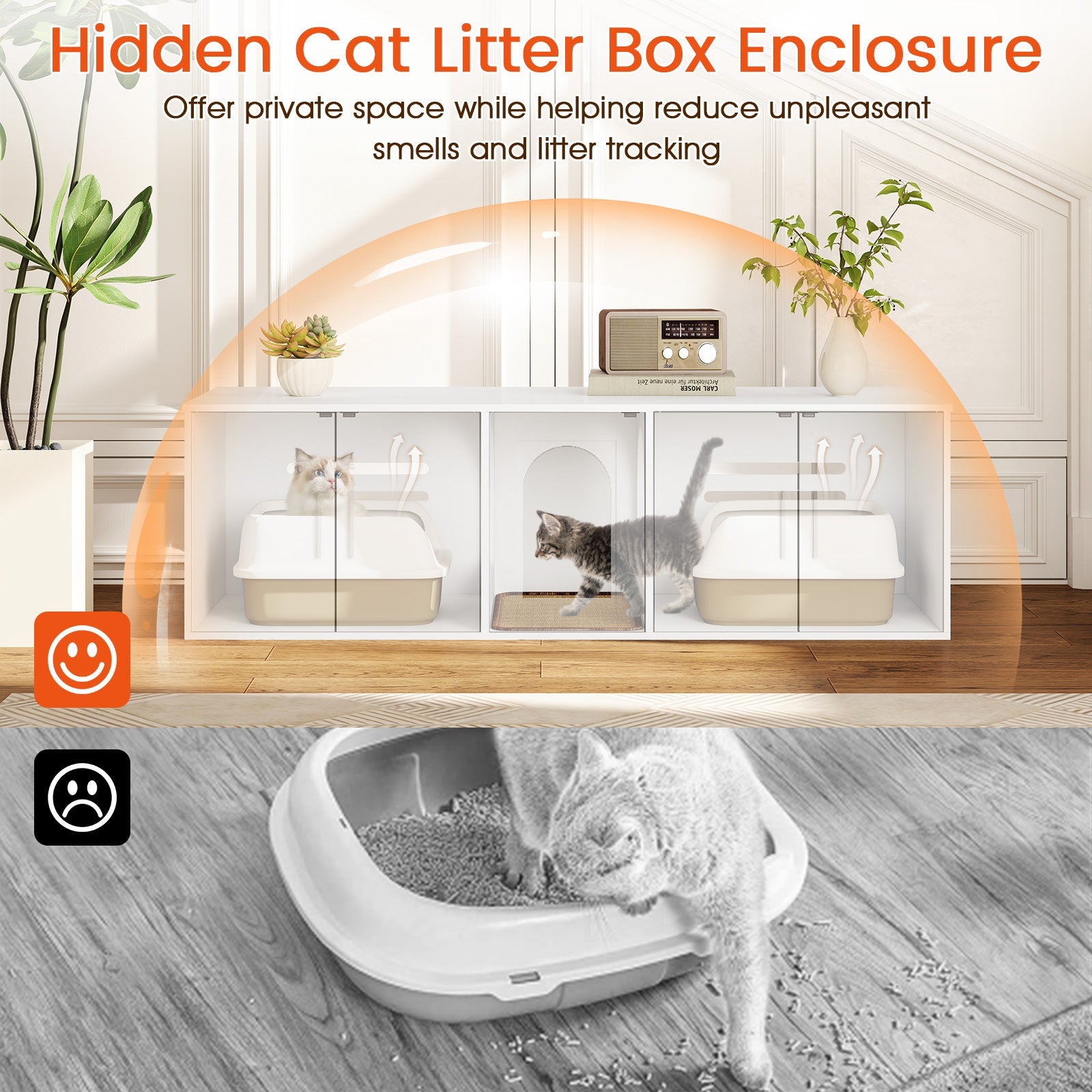 Cat Litter Box Enclosure for 2 Cats with Double Rooms and Sisal Scratching Mat-White