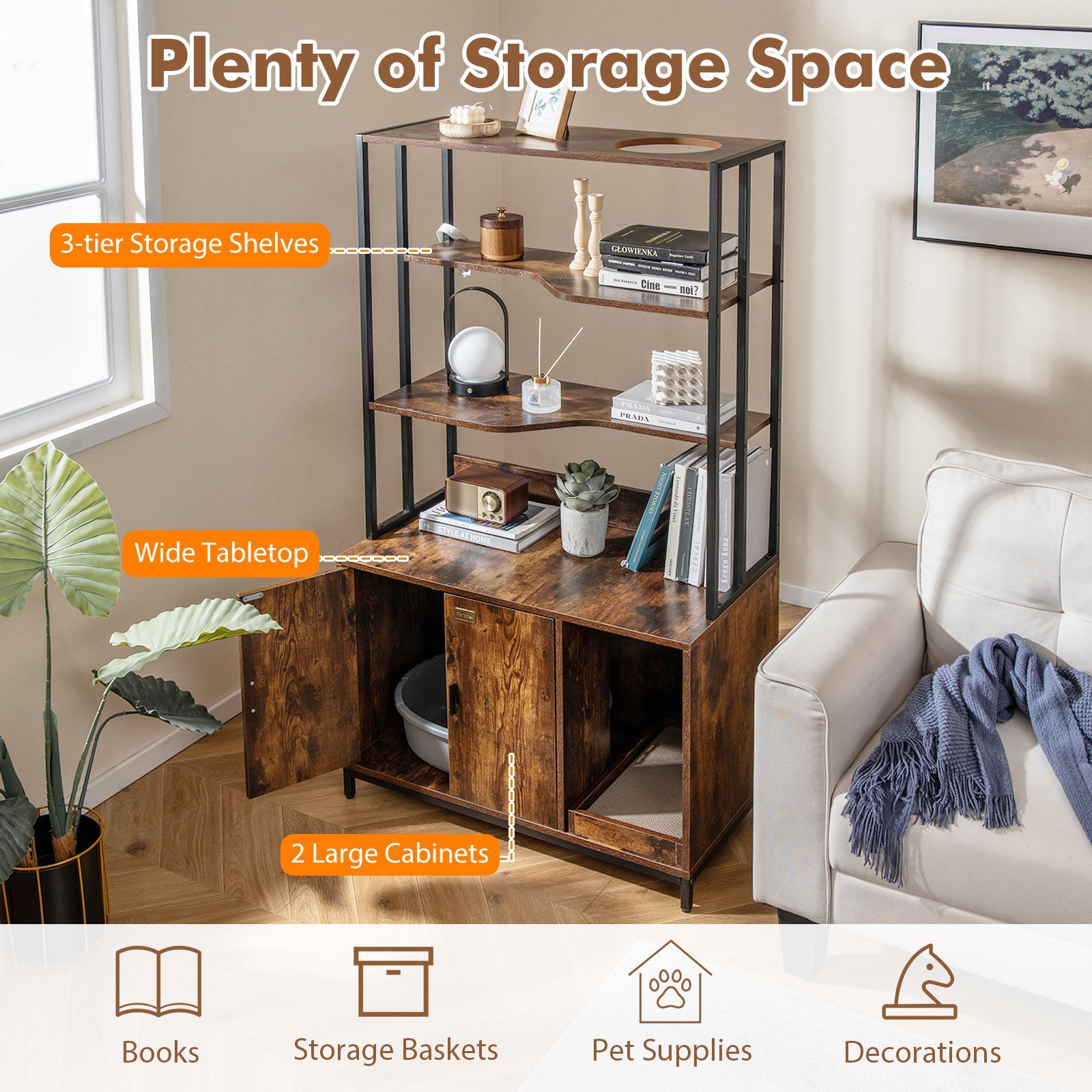 Cat Litter Box Enclosure with Storage and 3-tier Shelves