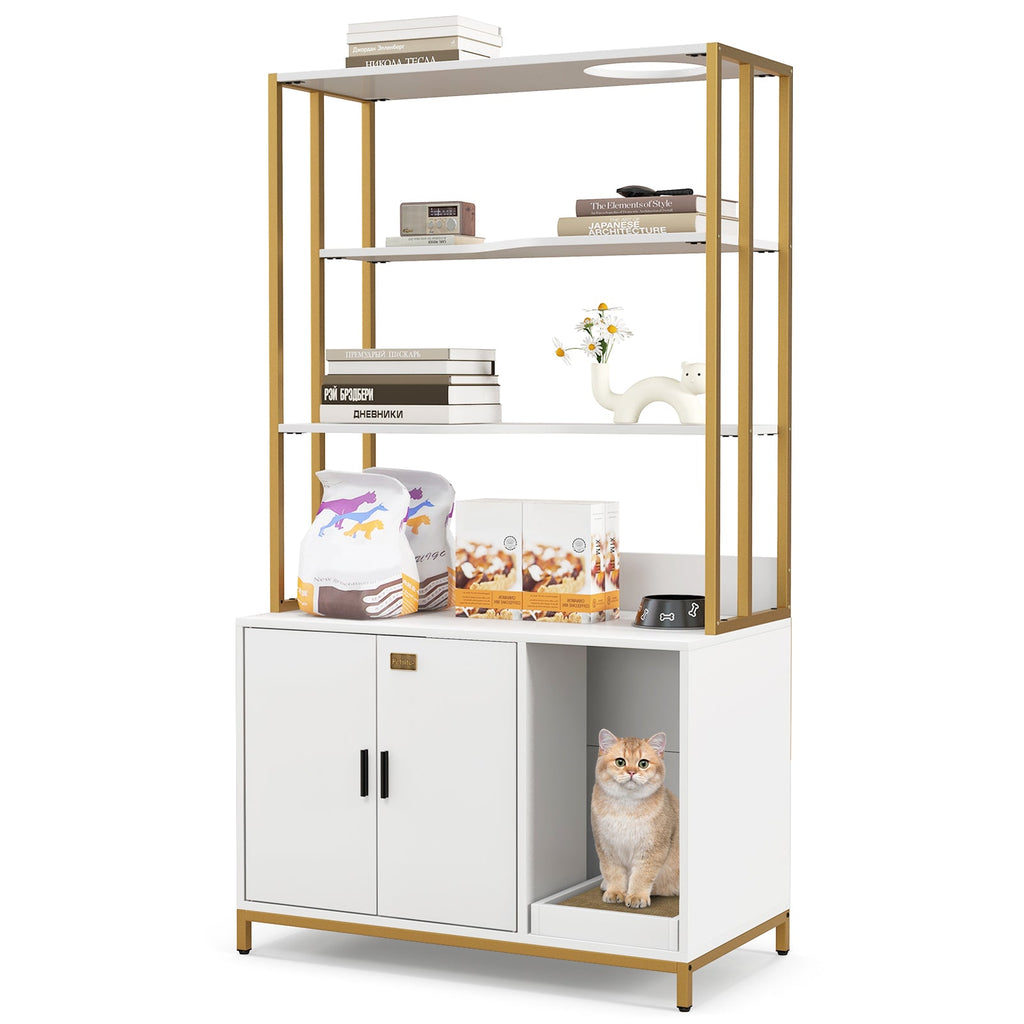 Cat Litter Box Enclosure with Storage and 3-tier Shelves White