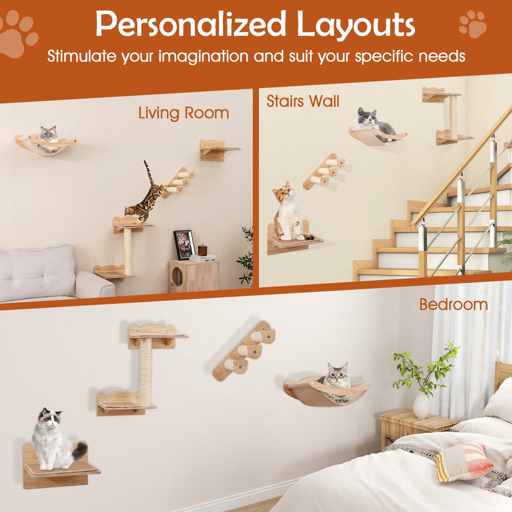 Cat Wall Furniture Set of 4 with Hammock 2-step Cat Tree and Perch-Natural