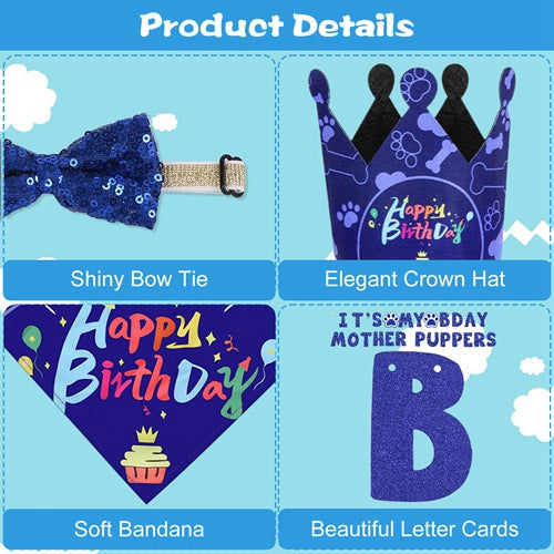 Dog Birthday Bandana Hat Set Dog Birthday Party Supplies Cute Dog Birthday Banner Decoration with Hat Bandana Bowtie