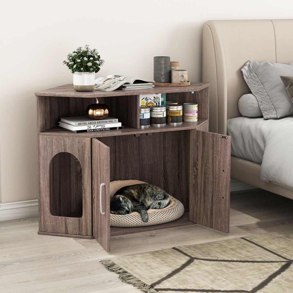 Corner Cat Litter Box Enclosure with Storage Shelves and Double Doors-Gray