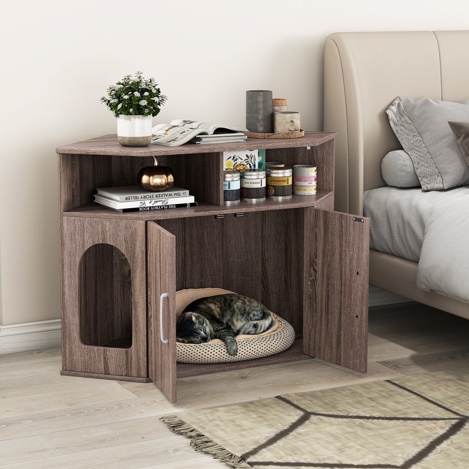 Corner Cat Litter Box Enclosure with Storage Shelves and Double Doors-Gray