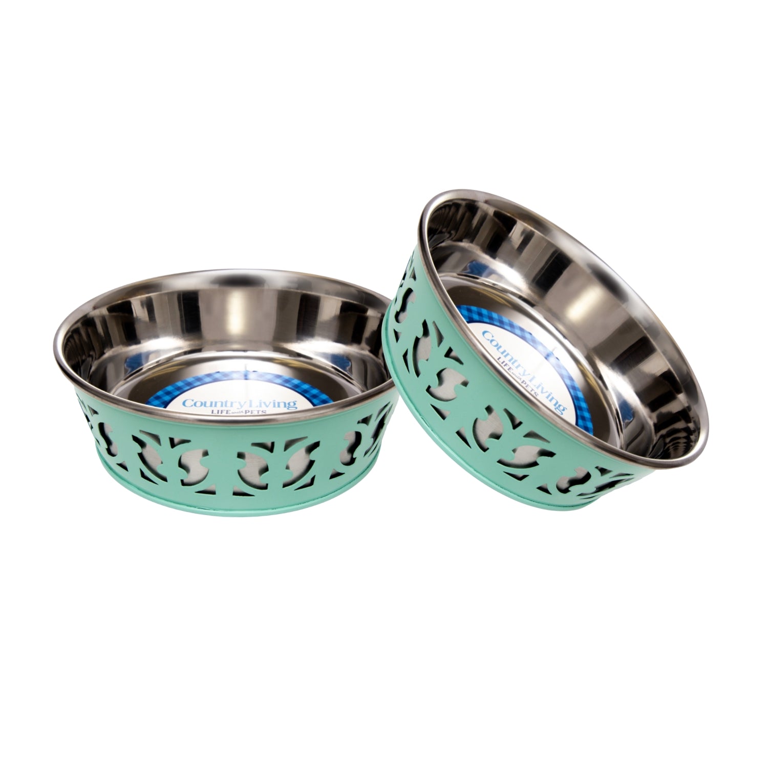 Country Living Set of 2 Stainless Steel Dog Bowls – Farmhouse Style, Ideal for Small to Medium Dogs Mint Green