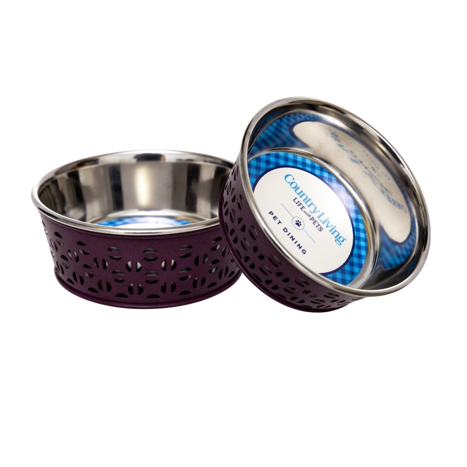 Country Living Set of 2 Stainless Steel Dog Bowls – Farmhouse Style, Ideal for Small to Medium Dogs Plum Wine 16 oz