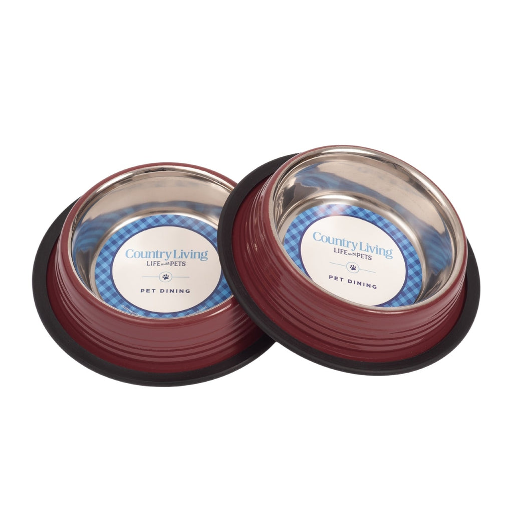Country Living Set of 2 Ribbed Non-Slip Pet Bowls – Merlot Red 64 oz