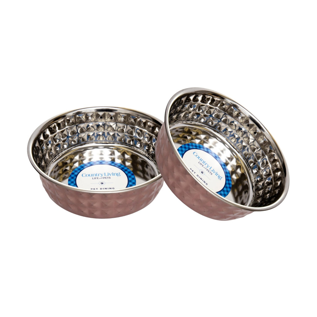 Country Living Set of 2 Hammered Stainless Steel Dog Bowls – Ideal for Extra Large Breeds – Rose Quartz/64oz