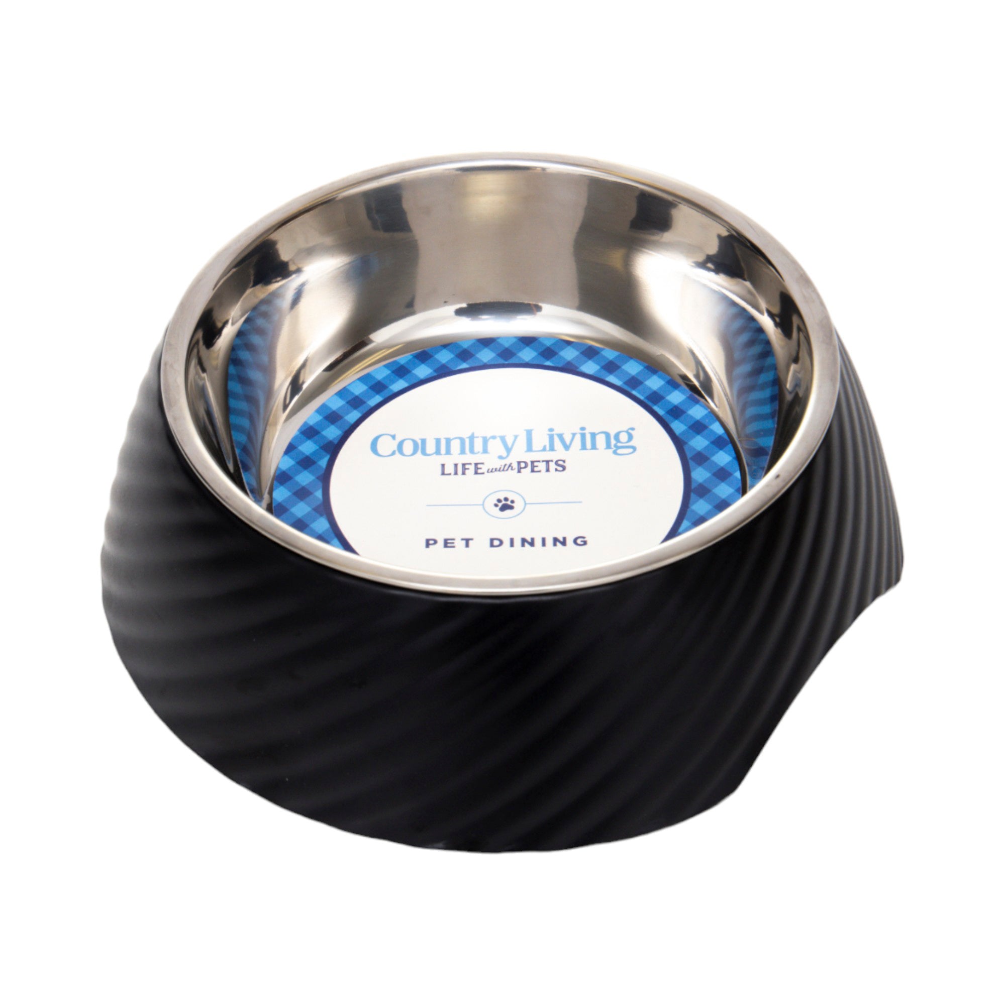 Country Living Set of 2 Round Twill Melamine Dog Bowls with Removable Stainless Steel Inserts – Black
