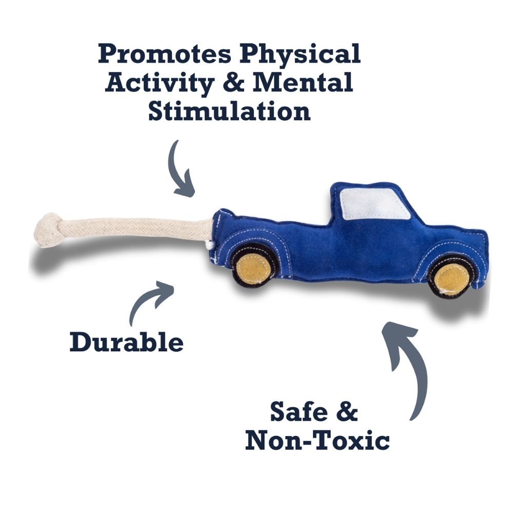 Country Living Faux Leather Blue Pickup Truck Dog Chew Toy, Durable, Safe and Non-Toxic