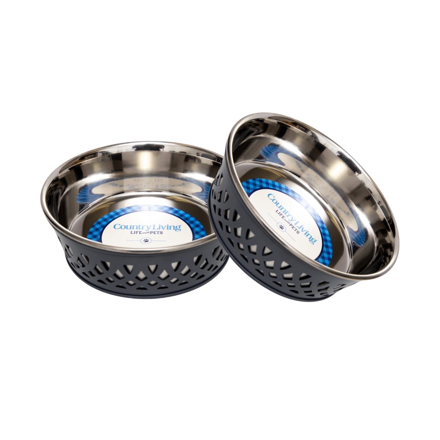 Country Living Set of 2 Stainless Steel Dog Bowls – Farmhouse Style, Ideal for Small to Medium Dogs Gray
