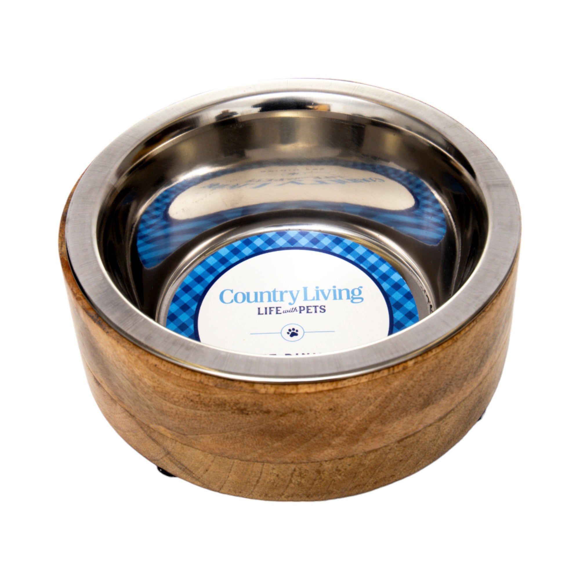 Country Living Stainless Steel Dog Bowl with Cylindrical Mango Wood Holder 2 Quarts