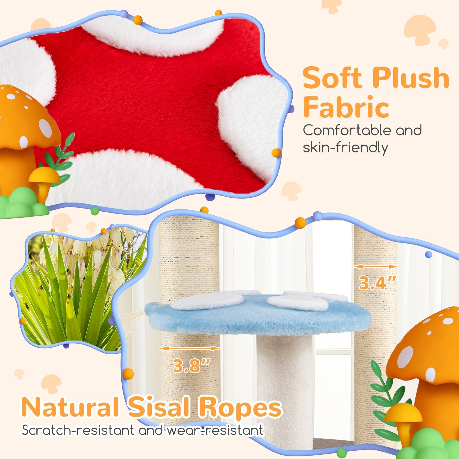 Cute Mushroom Cat Tree with Sisal Scratching Posts Top Condo and Padded Platforms-Multicolor