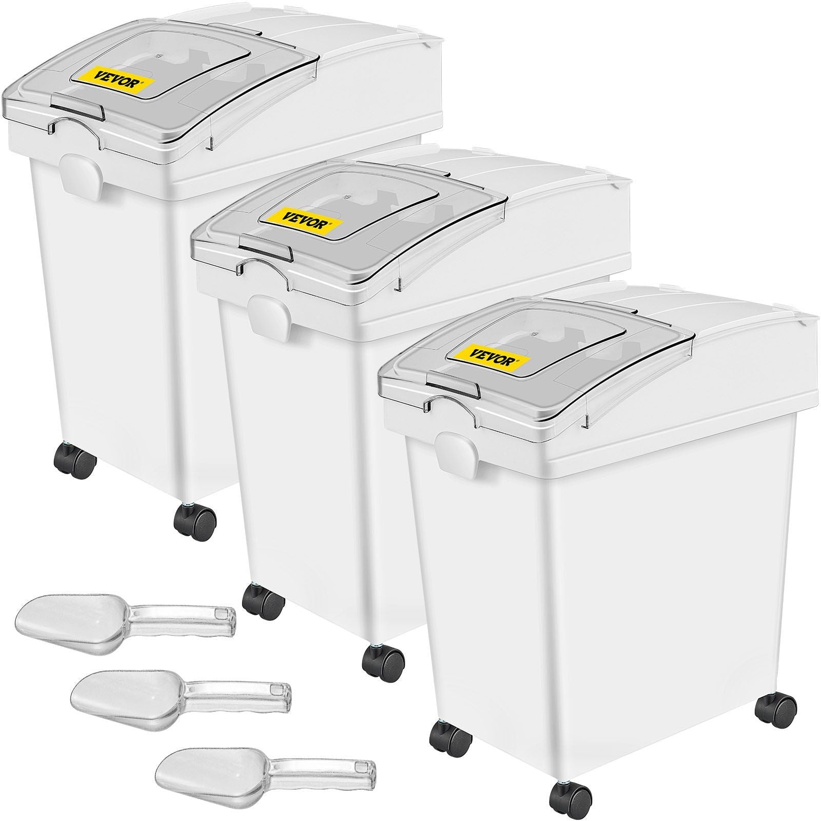 Ingredient Bin, 5.2 Gallons Capacity Ingredient Storage Bin, 3 Pcs/Set, PP Material Flour Bins On Wheels, White Shelf Ingredient Bin with Scoop and Sliding Lid, Commercial Storage Bins 3 sets 25L x 3 (6.6 Gallon x 3)