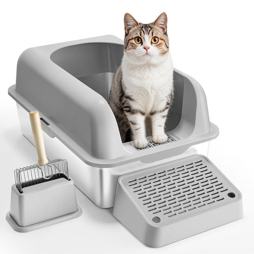 6 in Deep Cat Litter Box Odor-Free Litter Box with Filtering Foot Board Light Gray