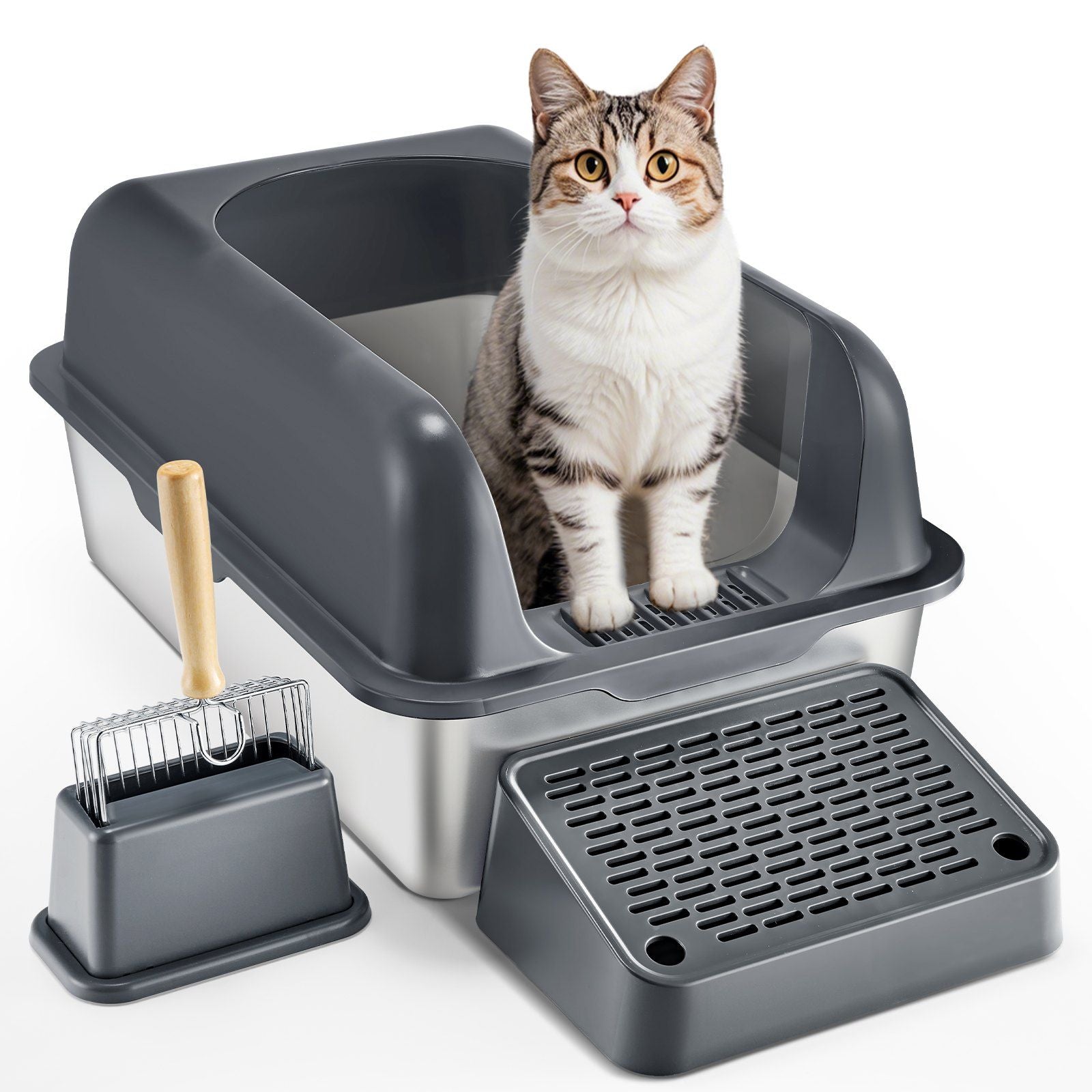 6 in Deep Cat Litter Box Odor-Free Litter Box with Filtering Foot Board Dark Gray