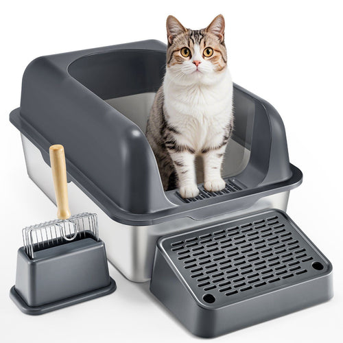 6 in Deep Cat Litter Box Odor-Free Litter Box with Filtering Foot Board Dark Gray