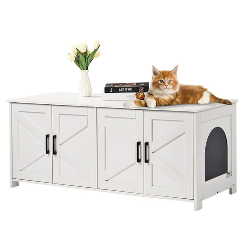 Cat Litter Box Enclosure Wooden Litter Box Furniture Hidden 2 Rooms White Particle Board 47.2 inches