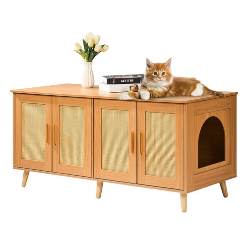 Cat Litter Box Enclosure Wooden Litter Box Furniture Hidden for 2 Cats Wood + Rattan 47.2 inches