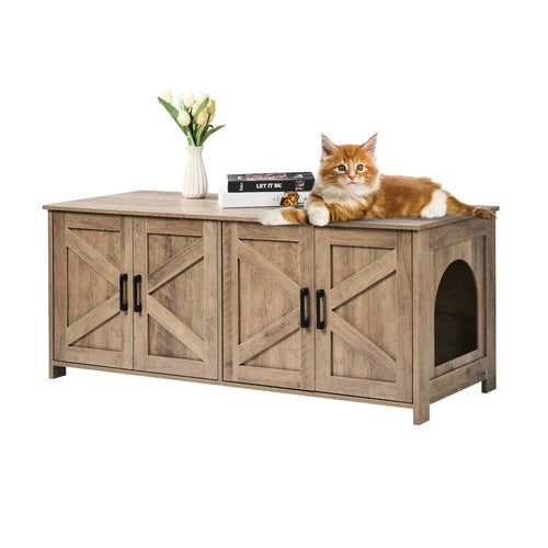 Cat Litter Box Enclosure Wooden Litter Box Furniture Hidden 2 Rooms Greige Particle Board 47.2 inches