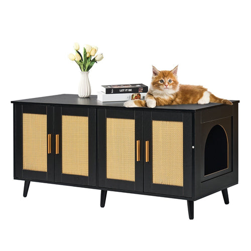 Cat Litter Box Enclosure Wooden Litter Box Furniture Hidden 2 Rooms Black Wood + Rattan 47.2 inches
