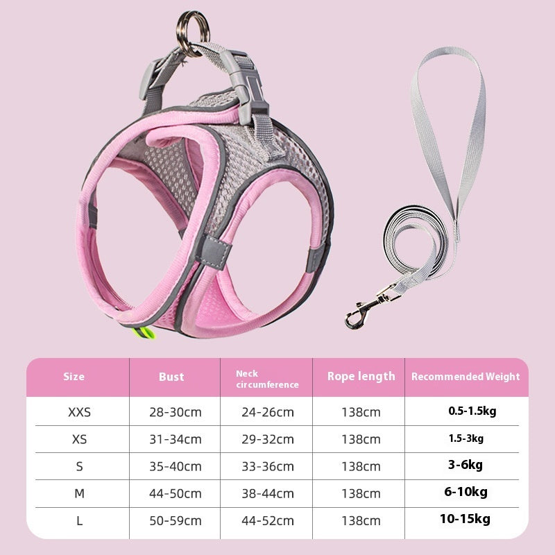 Reflective Dog Vest Harness & Leash – Breathable Polyester | XXS–L | 7 Colors Pink Rope length 138cm