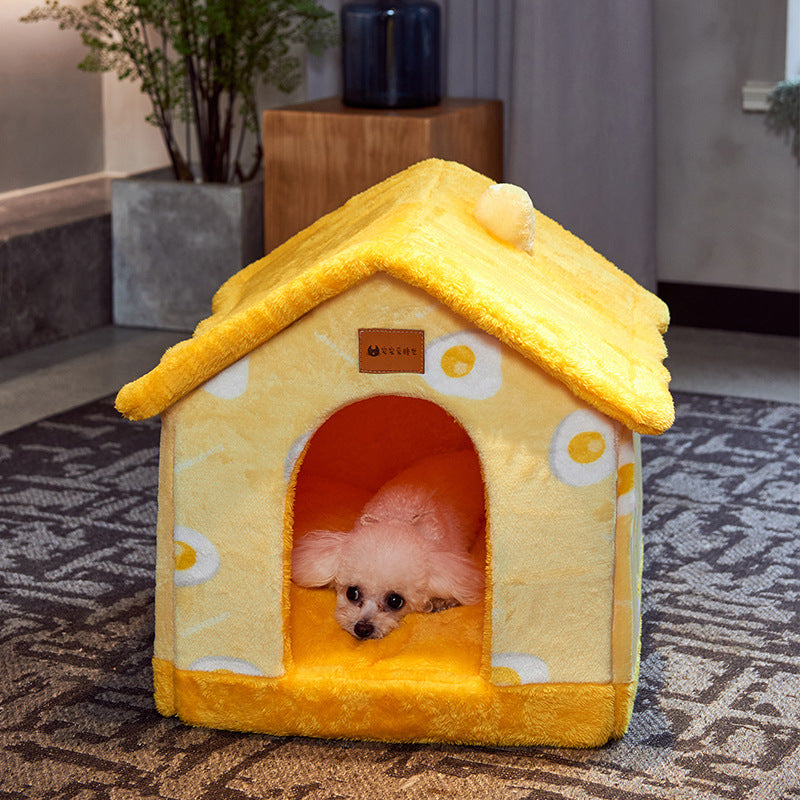 Foldable Dog House Pet Cat Bed Winter Dog Villa Sleep Kennel Removable Nest Warm Enclosed Cave Sofa Pets Supplies Yellow omelette
