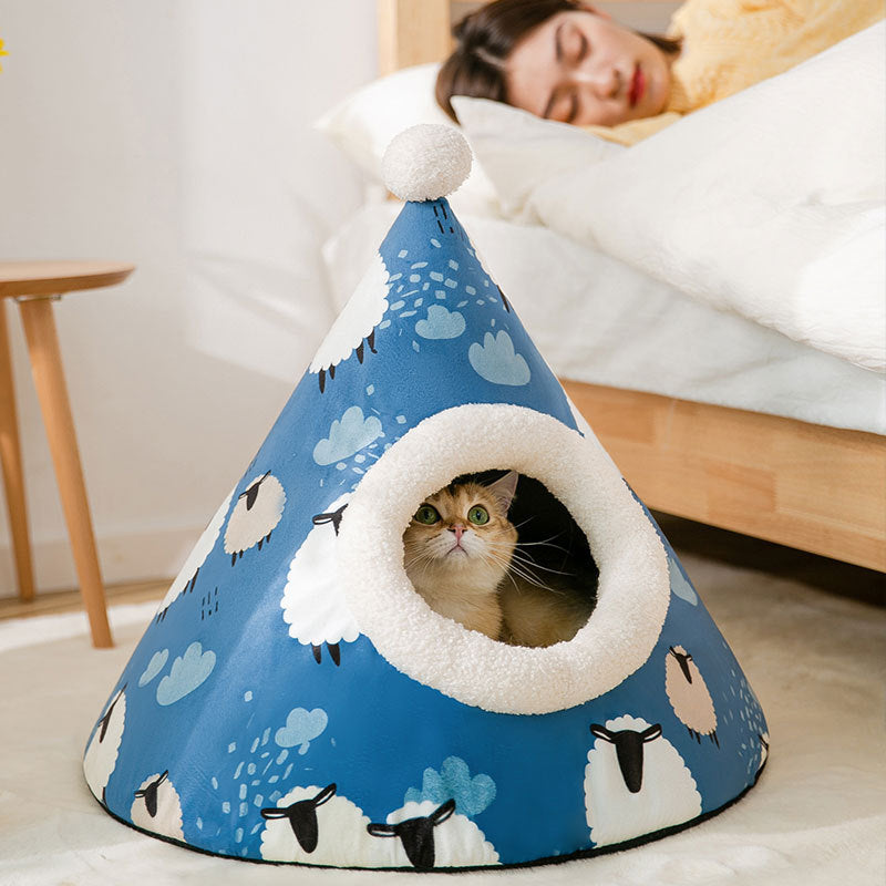 Triangle Yurt House Cat Litter For Cats Enclosed Pet Litter White lamb 50x50x60