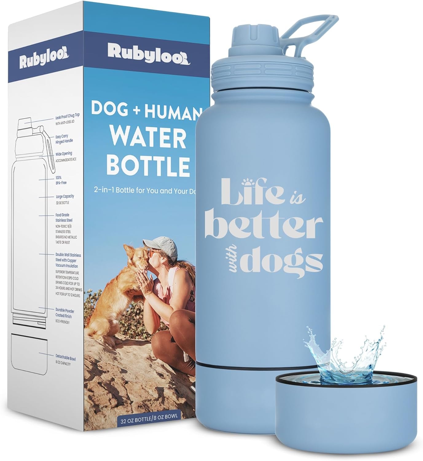 Dog Mom Water Bottle 32oz Insulated Stainless Steel with Dog Bowl Travel Life Is Better: Dusty Blue