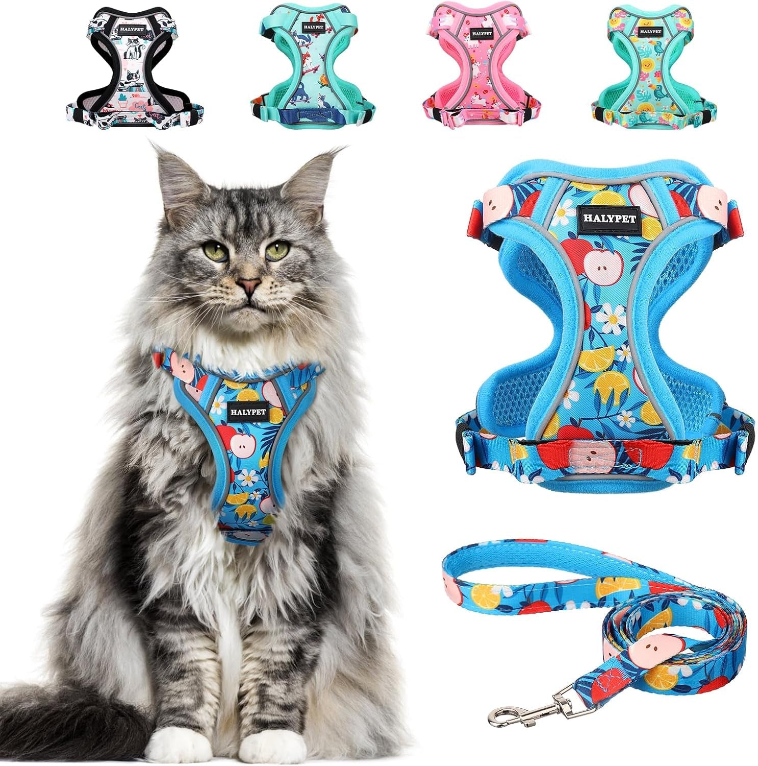 Cat Harness and Leash Set Escape Proof Reflective Adjustable Vest H603 Pro Azure Floral Medium (13-18Lb)