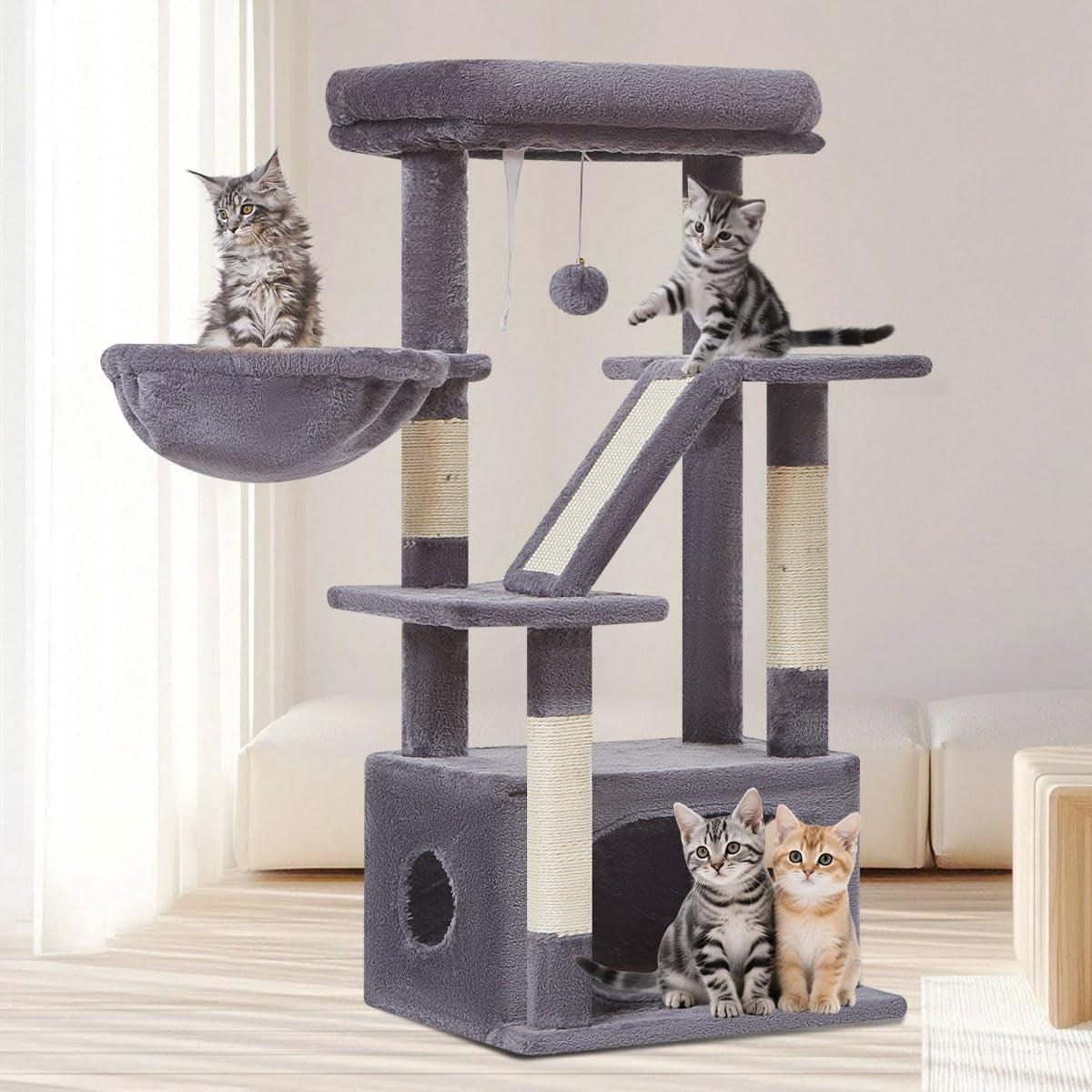 38-Inch Cat Tree for Indoor Cats | Kitten Tower with Condo, Hammock & Perch 38.5 Inches Smoky Gray