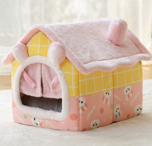 Foldable Dog House Pet Cat Bed Winter Dog Villa Sleep Kennel Removable Nest Warm Enclosed Cave Sofa Pets Supplies Rabbit door curtain