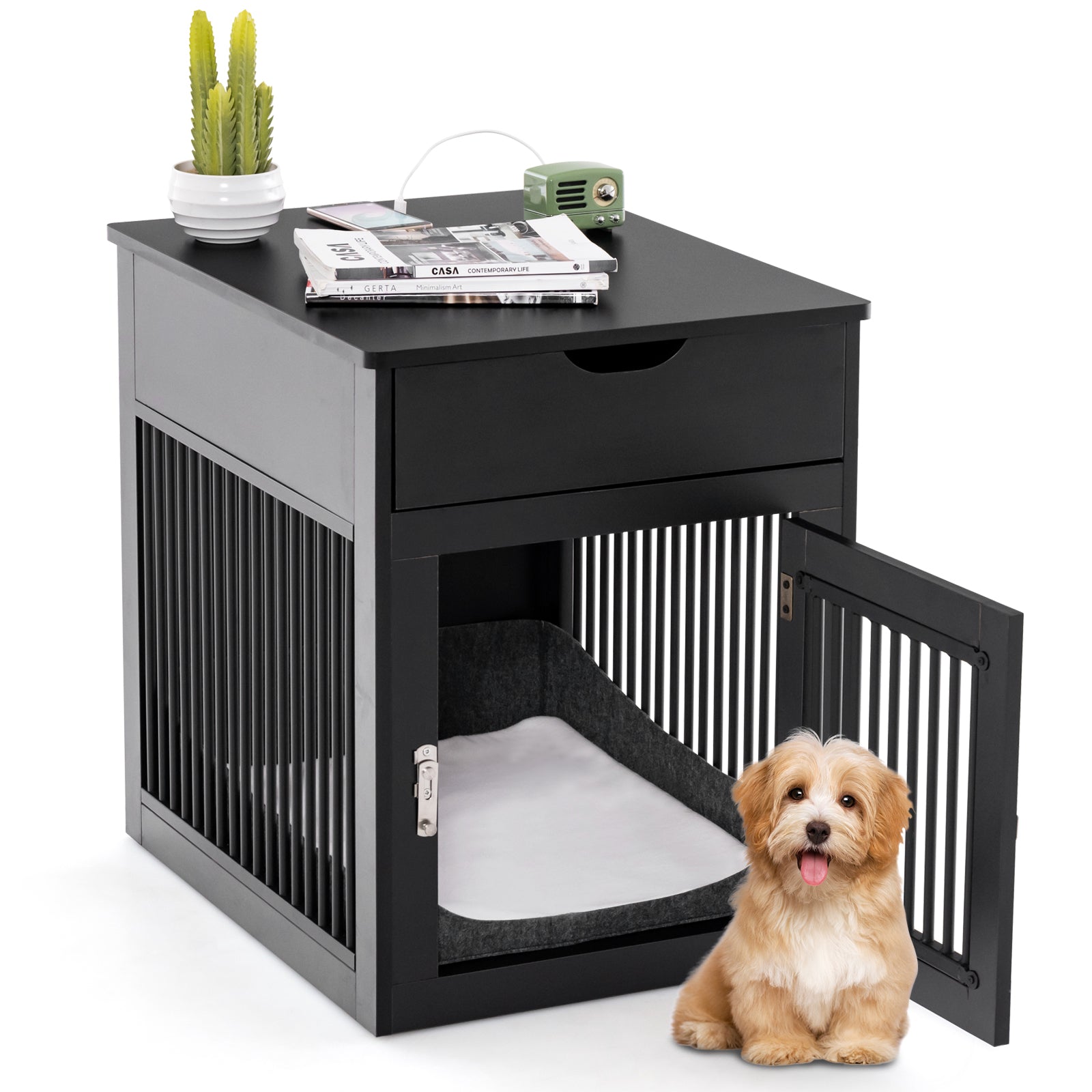 2-In-1 Dog House with Drawer and Wired Wireless Charging Black