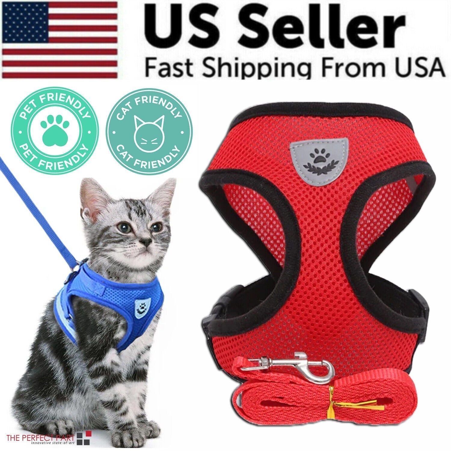 Cat Dog Pet Harness Adjustable Control Vest Dogs Reflective S M L XL Leash M Red