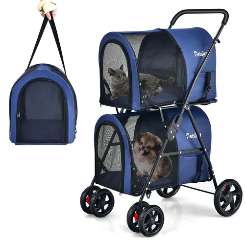 4-in-1 Double Pet Stroller with Detachable Carrier and Travel Carriage Blue
