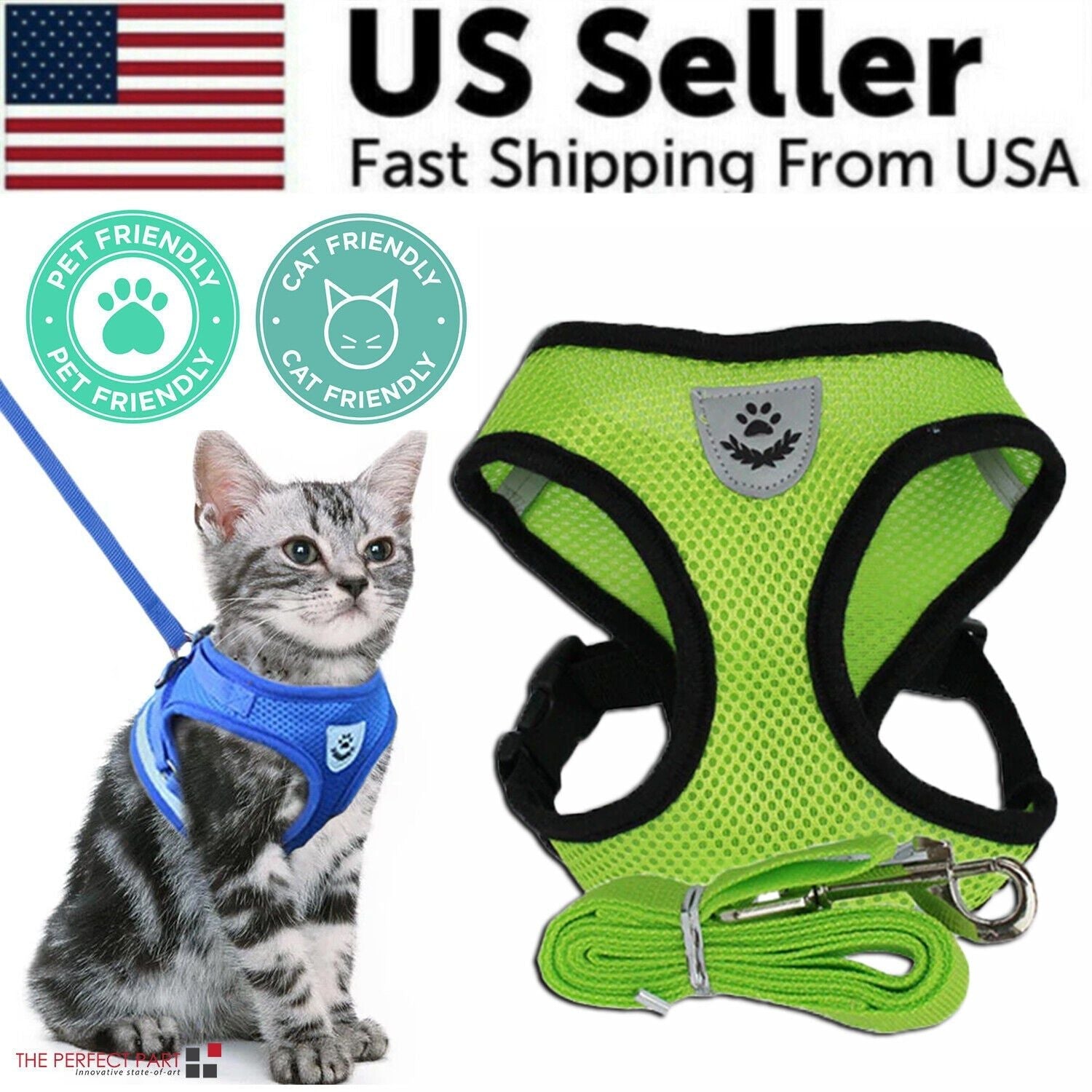 Cat Dog Pet Harness Adjustable Control Vest Dogs Reflective S M L XL Leash XL Green