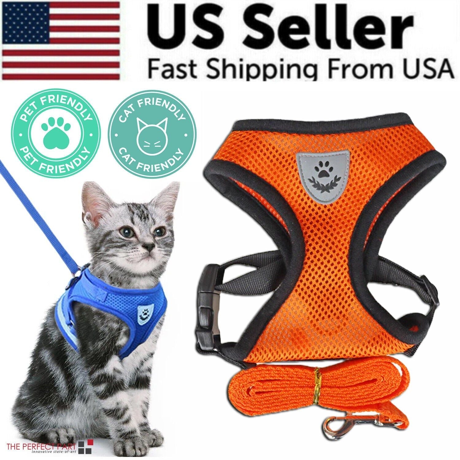 Cat Dog Pet Harness Adjustable Control Vest Dogs Reflective S M L XL Leash XL Orange