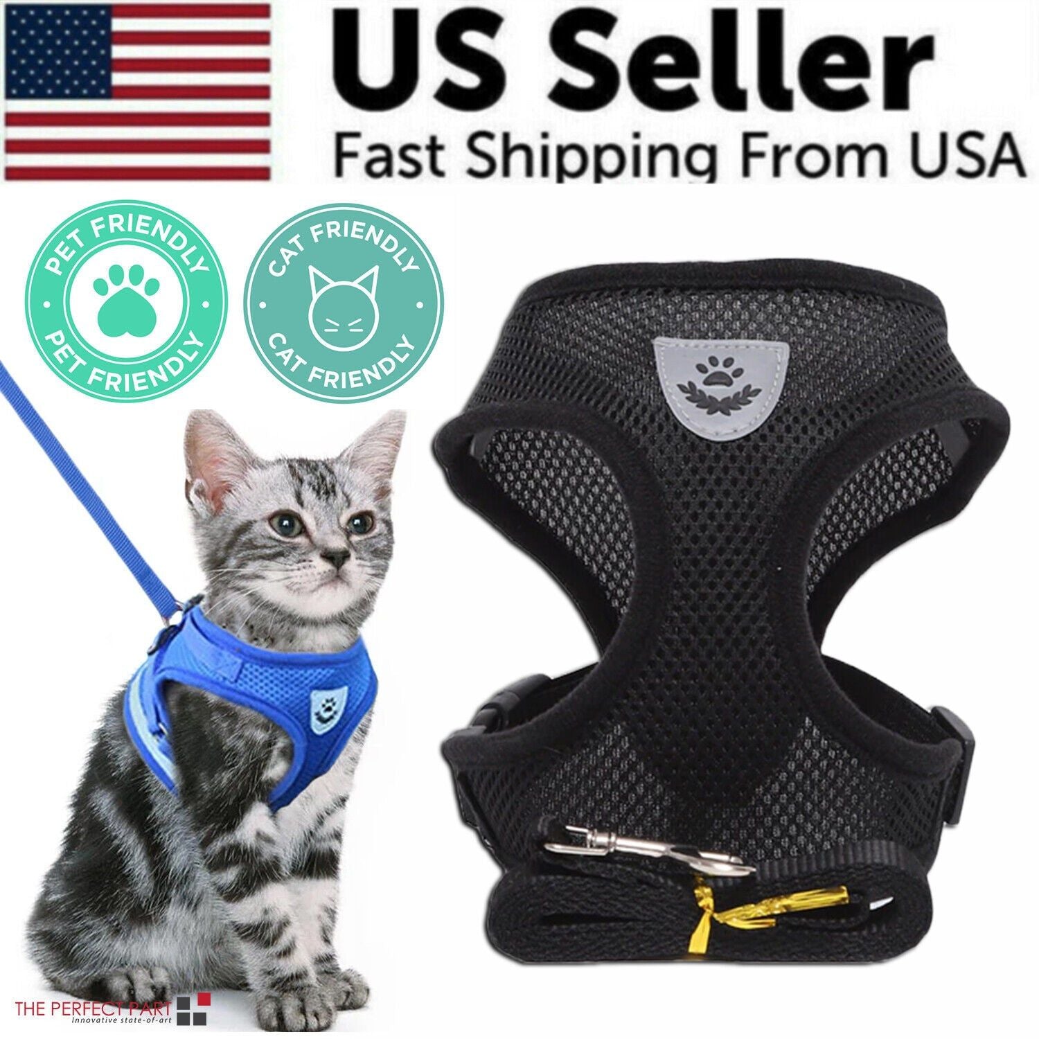Cat Dog Pet Harness Adjustable Control Vest Dogs Reflective S M L XL Leash XL Black