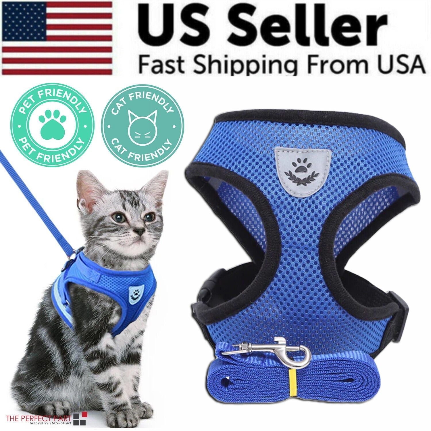 Cat Dog Pet Harness Adjustable Control Vest Dogs Reflective S M L XL Leash XL Blue