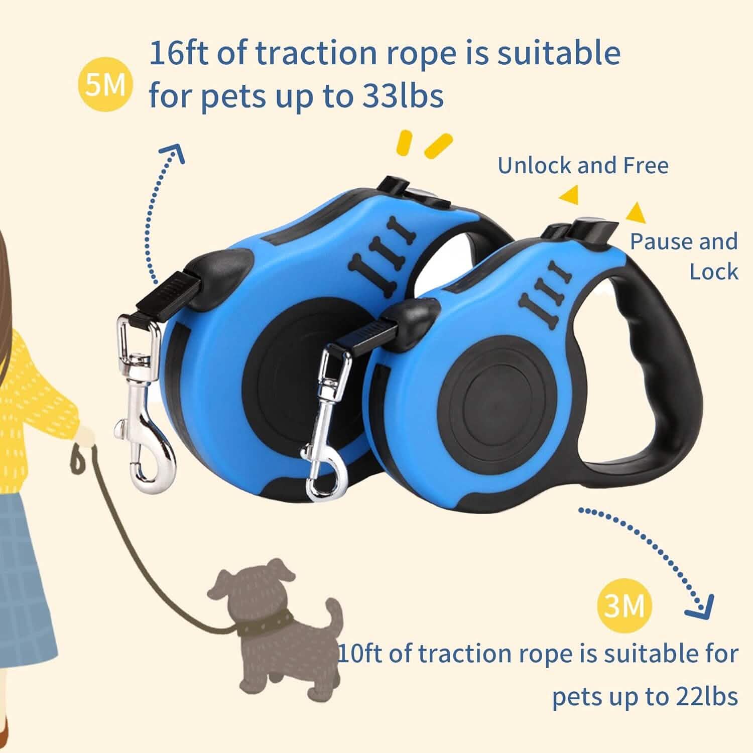 Double Switch Retractable Dog Leash – TPE Anti-Slip Handle | 3m & 5m | 4 Colors