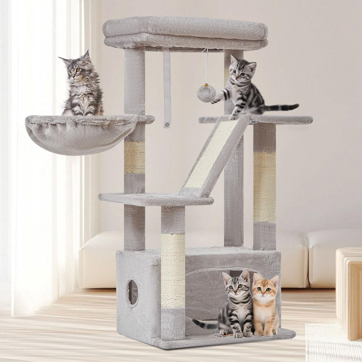 38-Inch Cat Tree for Indoor Cats | Kitten Tower with Condo, Hammock & Perch 38.5 Inches Light Gray