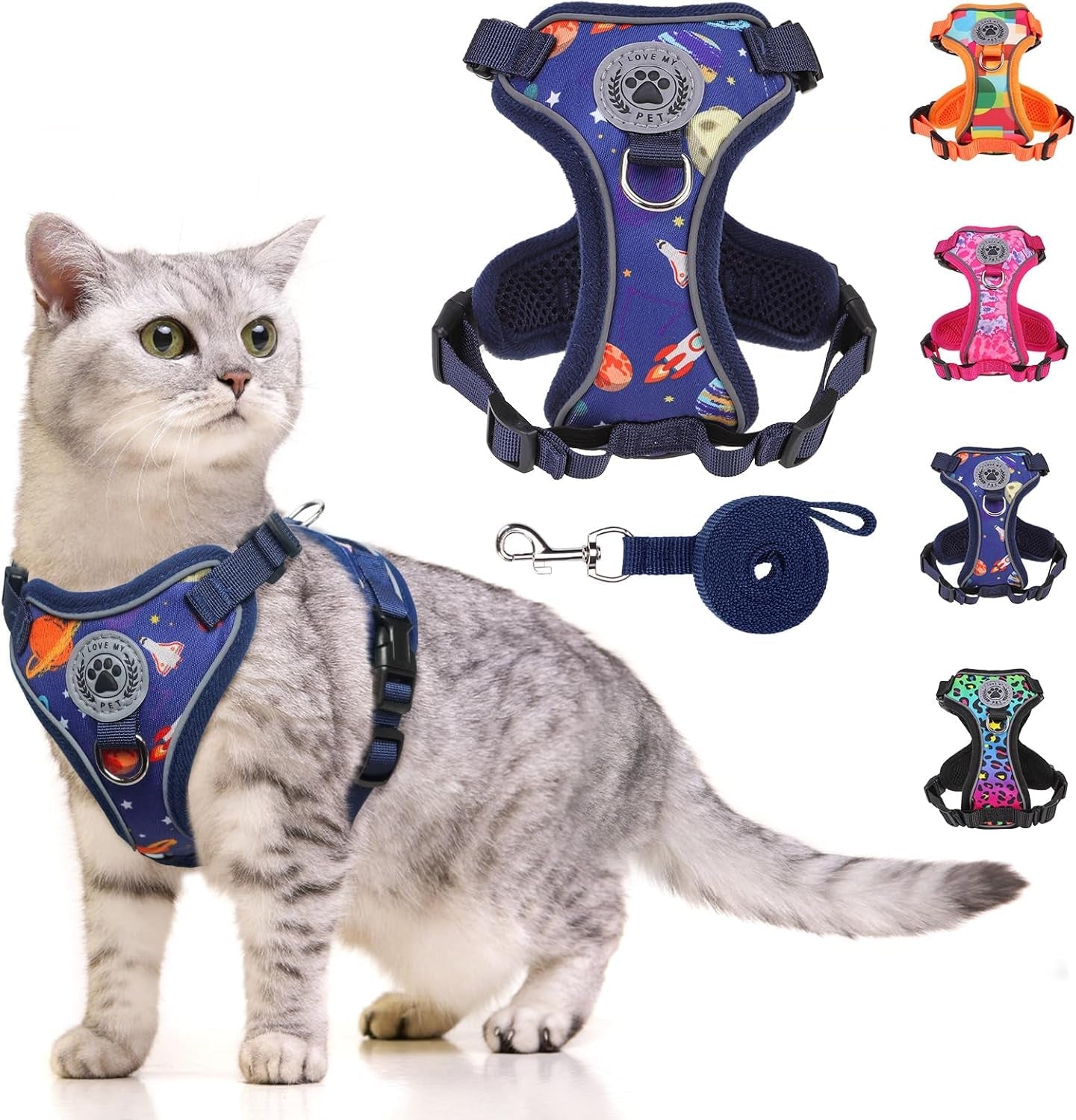 Escape Proof Cat Harness and Leash Reflective Adjustable Soft Vest Navy