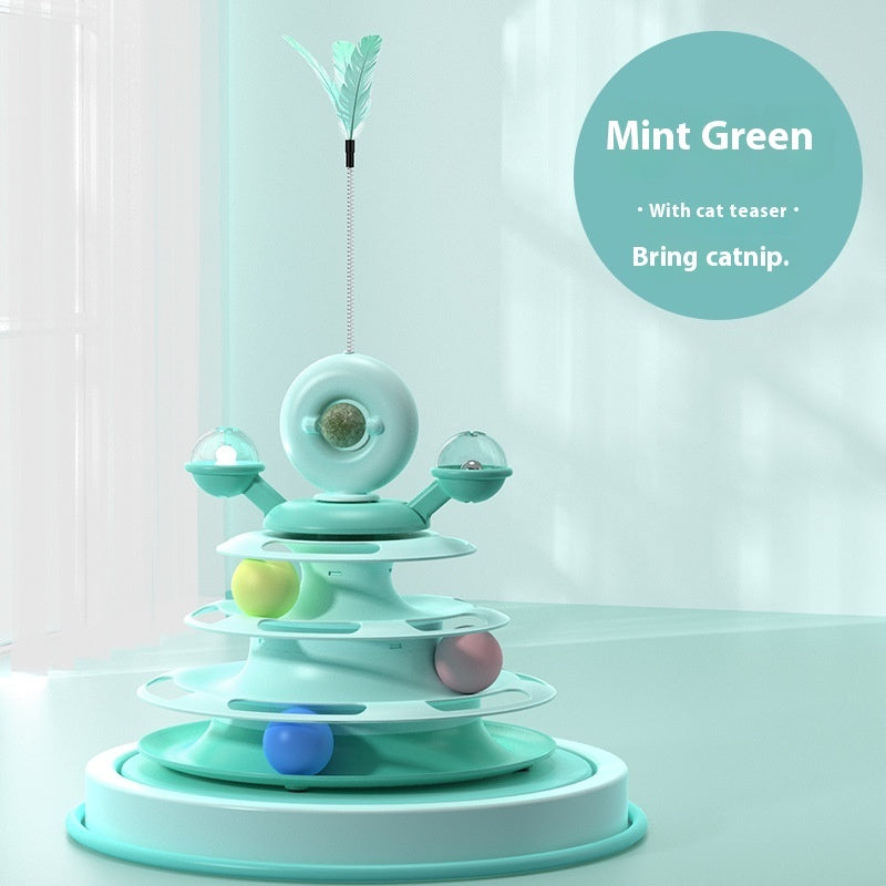 4 Levels Cat Toy Tower Turntable Roller Balls Toys Interactive Intelligence Pets Toys Training Track Puzzle Funny Games Accessories Pet Products Mint Green Cat Teaser