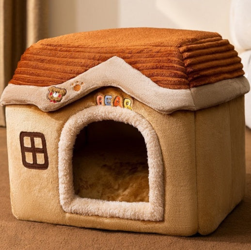 Foldable Dog House Pet Cat Bed Winter Dog Villa Sleep Kennel Removable Nest Warm Enclosed Cave Sofa Pets Supplies Brown Bear Castle