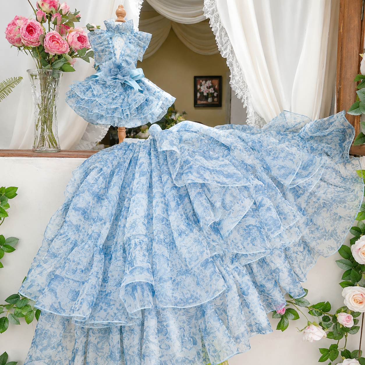 Blue Floral Pet Wedding Dress with Detachable Train